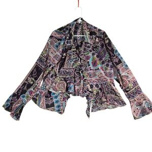 Cato Paisley Ruffle Blouse Womens XL Purple Blue Sheer Bell Sleeve Boho Metallic